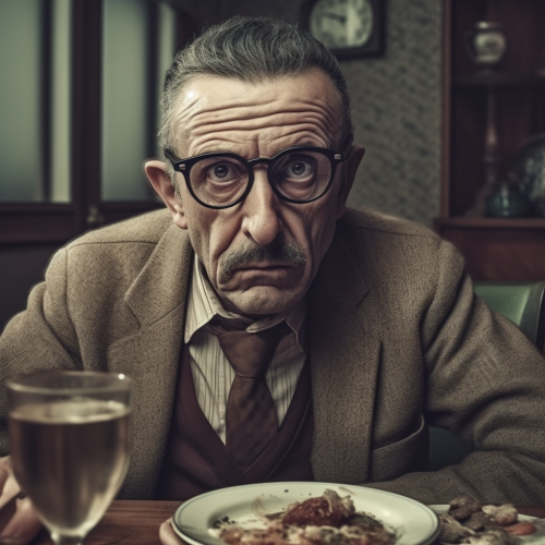 Close-up of 50-year-old Angry Dad Having Dinner