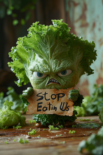 Angry lettuce holding a sign to stop eating vegetables
