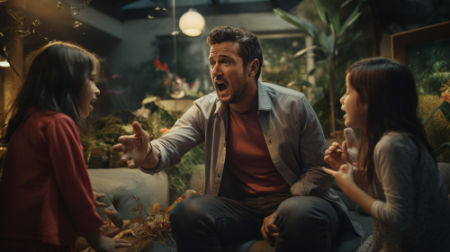 An enraged man arguing with his family.