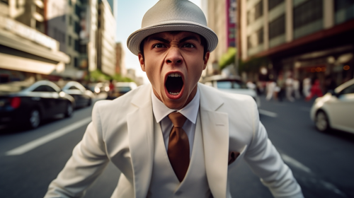 Young man in white suit shouting with fists clenched