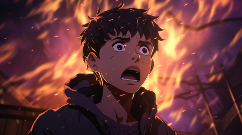 Sad anime boy in explosive landscape