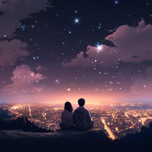 Anime styled couple sitting in Tokyo