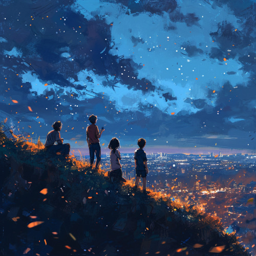 Group of young adults having conversation at night