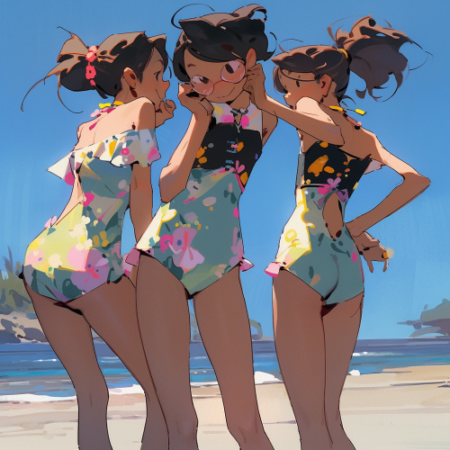 Three young women in stylish swim attire at the beach