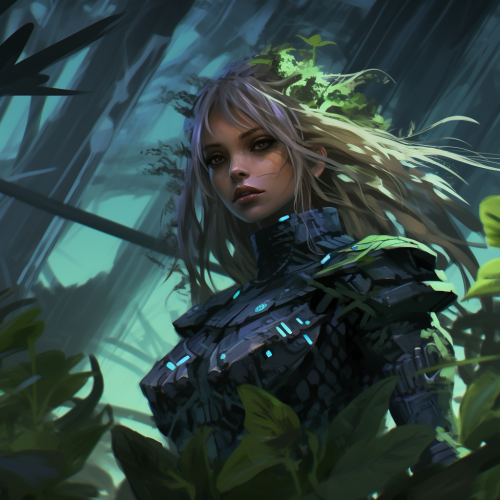 Anime character in action amidst alien jungle.