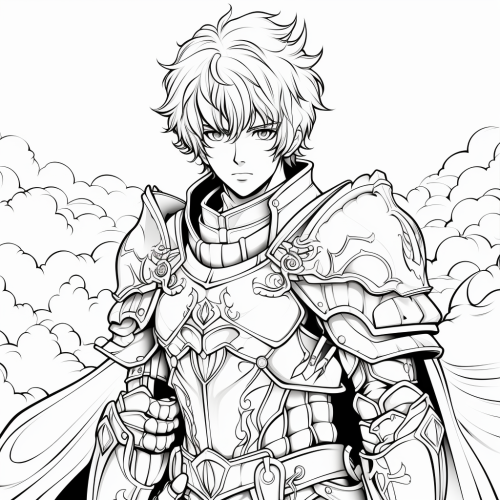 Black and white coloring page of an anime knight
