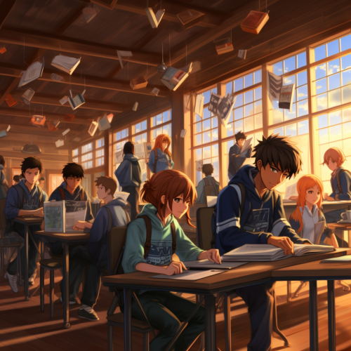 Diverse Anime School Students Learning