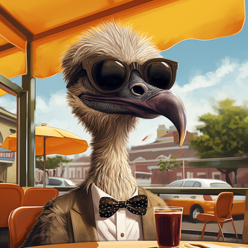 Humorous ostrich with sunglasses talks to restaurant