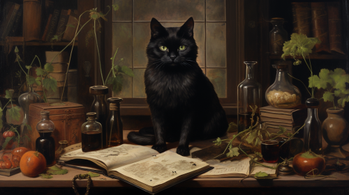Antique oil painting of a black cat at wizard school