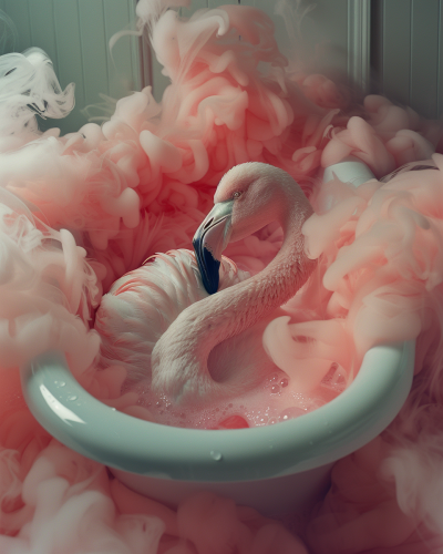 Antique white bathtub with pink flamingo