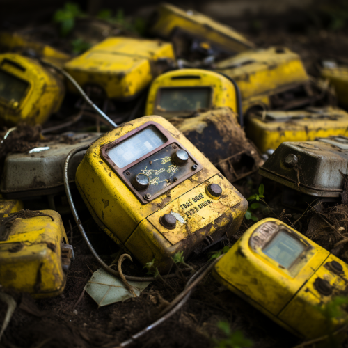 Antique yellow geiger counters resting on old concrete Antique yellow geiger counters resting on old concrete