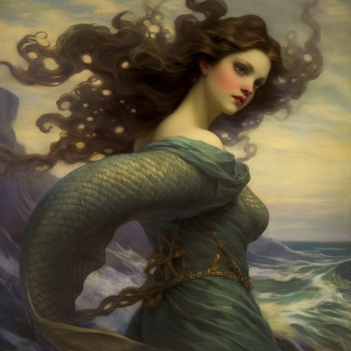 Antique vintage mermaid with dramatic color
