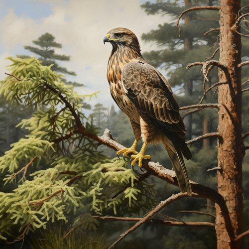 Bird with Deer Antlers perched on Pine Tree Branch