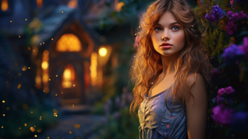 Slender woman in front of magical fairy forest cottage