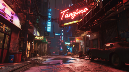 Neon sign in apocalyptic night town