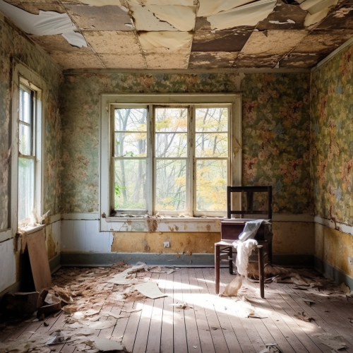 Torn wallpaper in Appalachia empty room