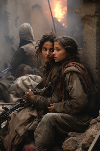 Two Arab girls fearfully embracing amidst destruction Two Arab girls fearfully embracing amidst destruction