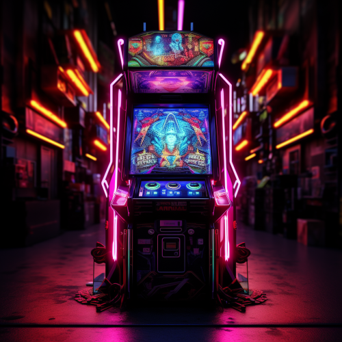 Arcade Game Machine with Neon Pixel Art