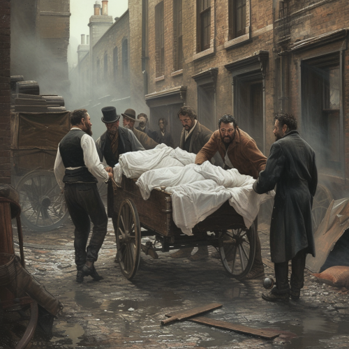 Men Arguing with Cart of White Sheets