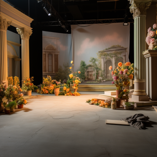 Stunning theater scene with columns and flowers