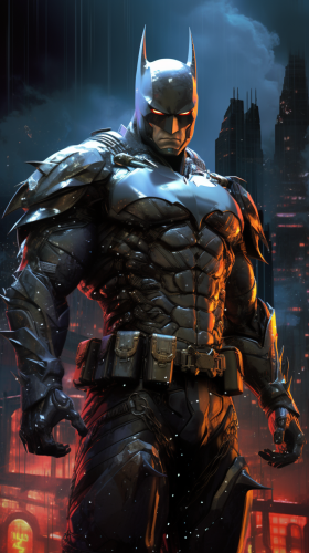 Superhero armored Batman in futuristic Gotham