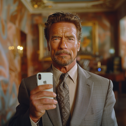 Arnold Schwarzenegger holding iPhone excitedly