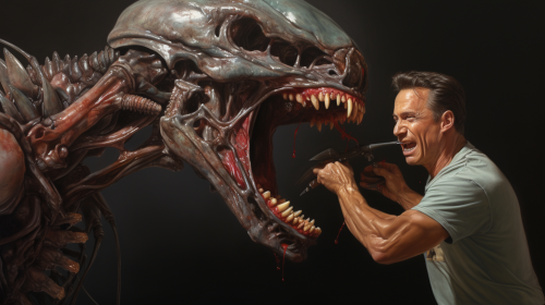 Arnold Schwarzenegger punching a Xenomorph