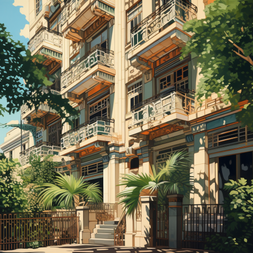 Art Deco High Rise Sunlight Foliage Detail Windows