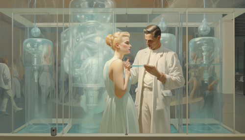 Woman enclosed in translucent porcelain cube in hospital hall