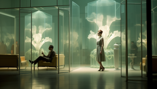 Art Deco Hospital Hall with Enclosed Woman in Glass Cube