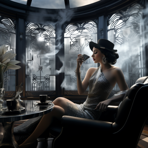 Woman smoking in opulent art deco mansion