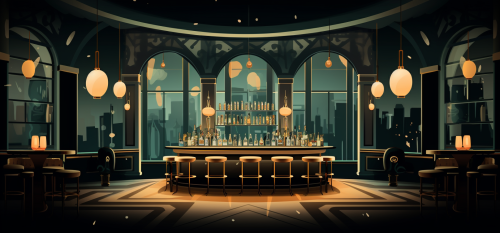 Art Deco speakeasy interior with bar