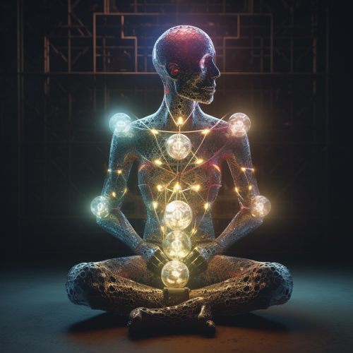 Artificial Robot Man with Lightbulb and Chakras
