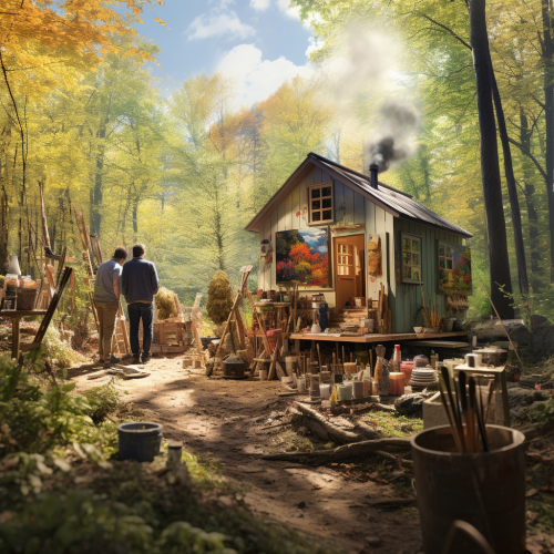 Group of artists creating art in peaceful woods