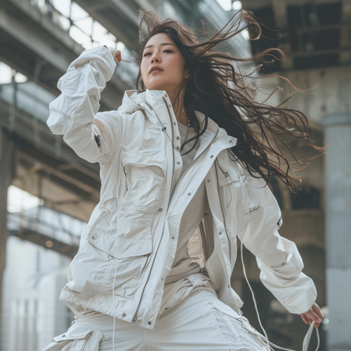Asian female in white jacket dancing Asian female in white jacket dancing