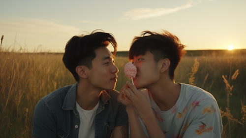 Asian gay couple enjoying lollipop in sunset grass