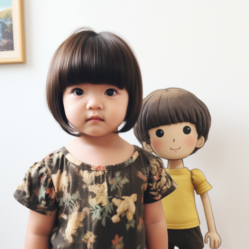 Asian girl with bangs haircut holding her baby brother Asian girl with bangs haircut holding her baby brother