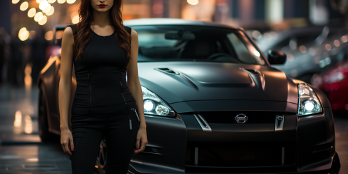 Asian girl waiting inside a black Nissan 350z car