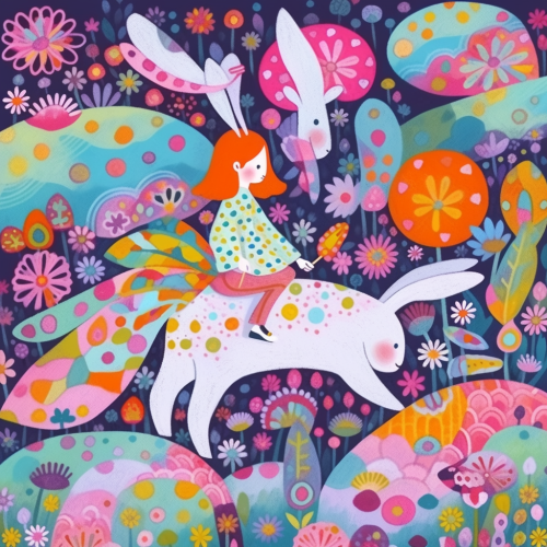 Cute Asian Girl on Giant Rabbit in Enchanted Forest