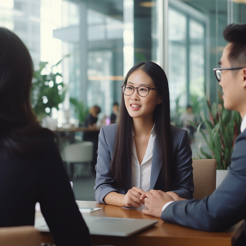 Asian lady interviewing young male in office Asian lady interviewing young male in office