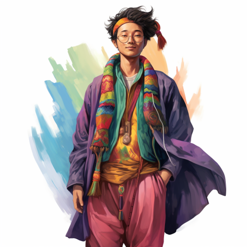 Asian man in vibrant clothes