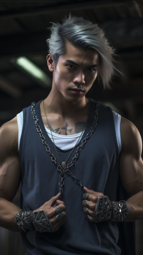 Asian man with grey ninja tank top and katanas