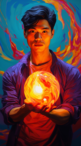 Asian man holding a ball of fire