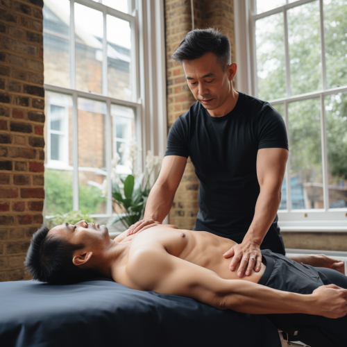 Asian Osteopath Treating Patient on Table