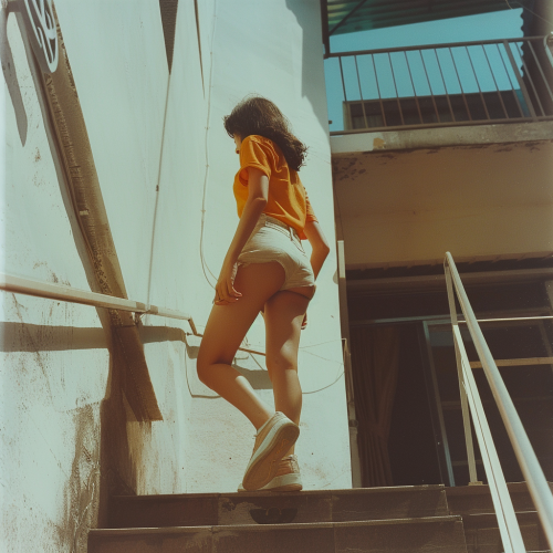 Asian Woman Climbing Stairs Closeup