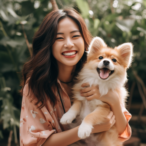 Asian Women with Cat and Dog, Happy Mood Asian Women with Cat and Dog, Happy Mood