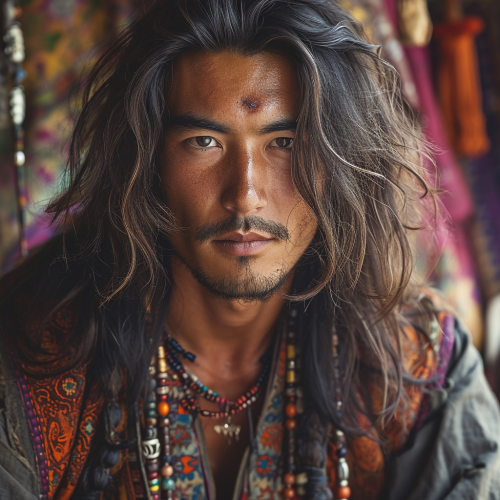 Asian nomadic man with long hair and vintage garments