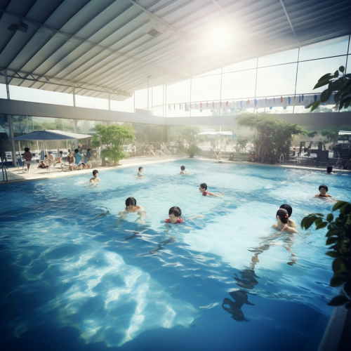 Asian people swimming in long distance pool