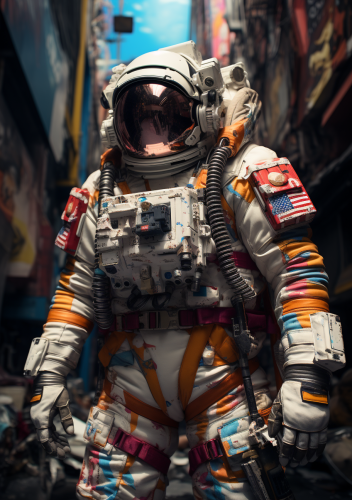 Street art illustration of astronaut rapper in suit with gold chains