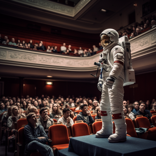 Astronaut giving inspiring college lecture